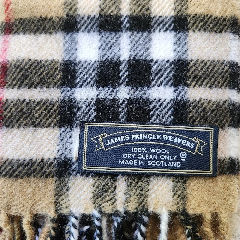New Thomson Camel Tartan Plaid 100% Wool Fringe Scarf James Pringle Weavers